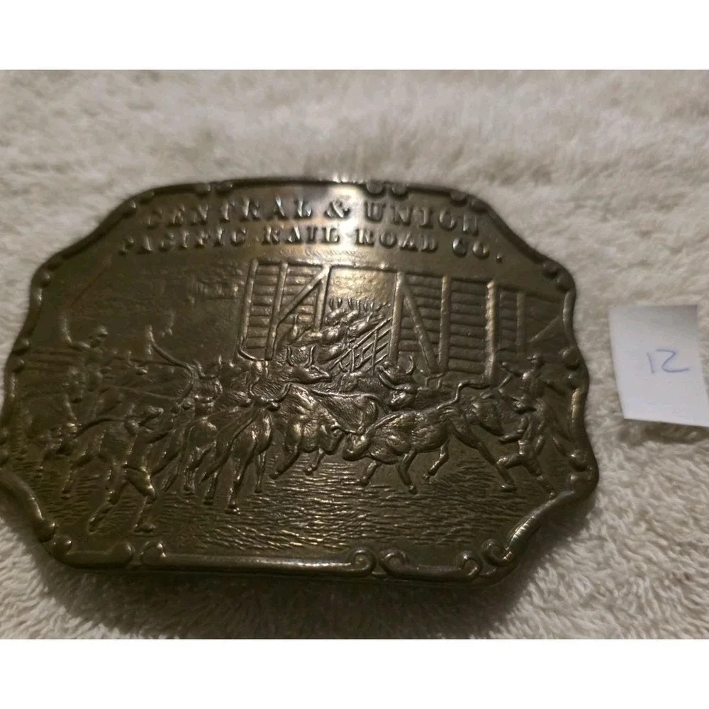 Tiffany Central & Union Pacific Railroad Western Americana Brass Belt Buckle 12